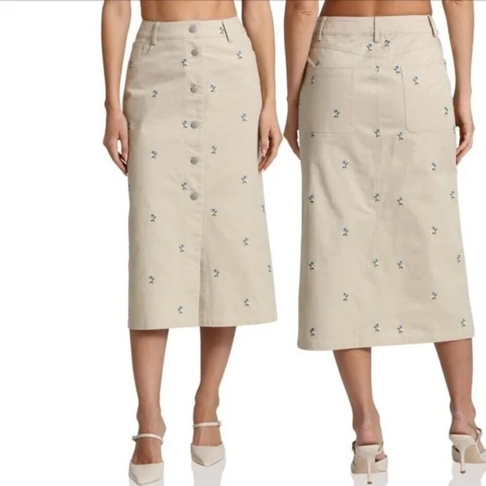NWT Avec Les Filles Floral Embroidered Button Front Midi Skirt. Sz: S